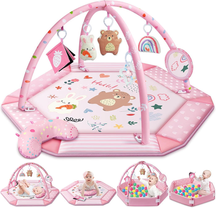 Baby Gym Play Mat, 8-in-1 Tummy Time Mat & Ball Pit with 6 Toys (Pink)