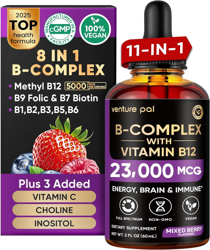 Venture Pal 11-in-1 Vitamin B Complex Liquid Drops, B12 Methylcobalamin | B9 Folic | B1,B2,B3,B5,B6,B7 - Vitamin C, Choline, Inositol, Immune & Energy Metabolism, Brain & Heart Support