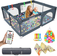 Large Baby Playpen with Foam Playpen Mat 127×127×68 CM-  4 Hand Grips, 40 Balls, Storage Bag and Basket - Grey
