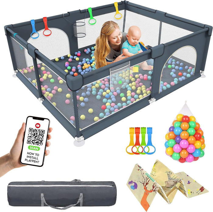 Large Baby Playpen with Foam Playpen Mat 127×127×68 CM-  4 Hand Grips, 40 Balls, Storage Bag and Basket - Grey
