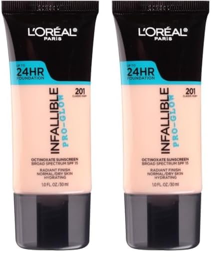 L’Oréal Paris Makeup Infallible Pro-Glow Foundation, 201 Classic Ivory, 1 Ounce (Pack of 2)