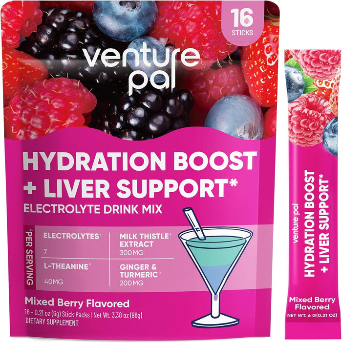Venture Pal Hydration Packets + Liver Support- Liquid Daily IV Electrolyte Powder Packets with 7 Electrolytes & 5 Vitamins, Milk Thistle + L-Theanine | Sugar-Free | Keto Friendly | Vegan, 16 Sticks