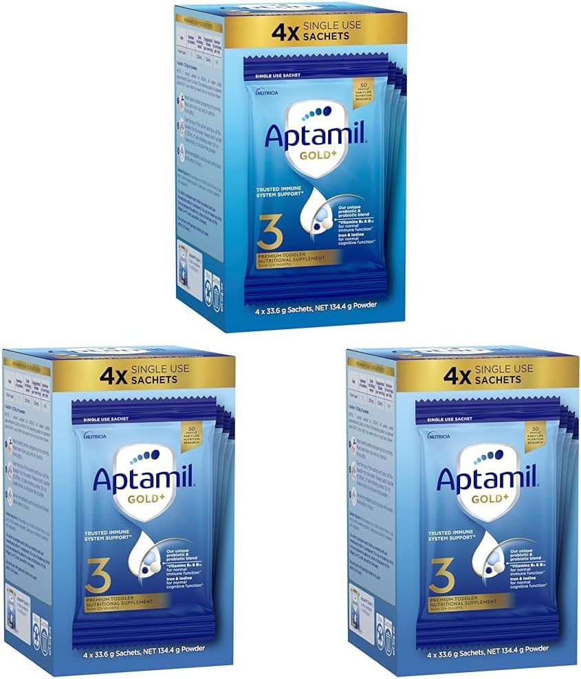 Aptamil Gold+ 3 Premium Toddler Milk Drink, Rich in Essentials Vitamins and Minerals, Toddler Formula with Probiotic & Prebiotic, Easy to Prepare, From 1 Year, Powder Sachets, Easy to Carry On The Go, Pack of 15