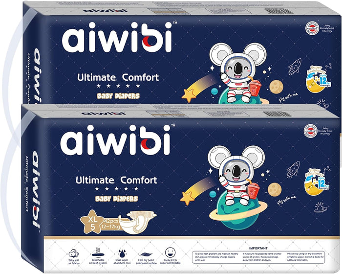AIWIBI Ultimate Comfort Size 5 Overnight Nappies, Disposable Baby Nappy, (12-17 kg) 84 Count, Super Absorbent Night Time Protection