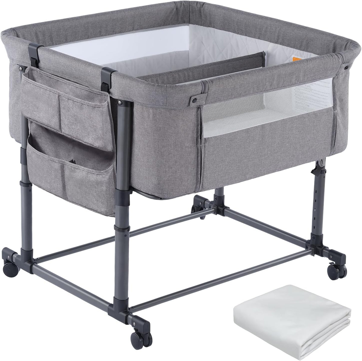 MTWML Twin Bassinet for 2 Babies,Portable Twins Crib with Storage Bag and Replaceable Mattress Cover,Adjustable Height Double Bedside Crib Attaches to Bed with Strap for 0-6 Months Twins Baby Grey