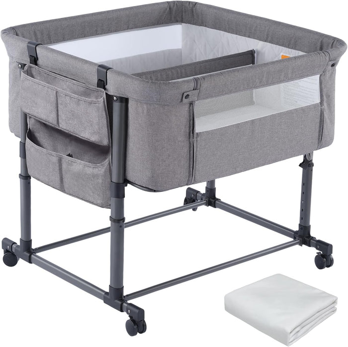 MTWML Twin Bassinet for 2 Babies,Portable Twins Crib with Storage Bag and Replaceable Mattress Cover,Adjustable Height Double Bedside Crib Attaches to Bed with Strap for 0-6 Months Twins Baby Grey