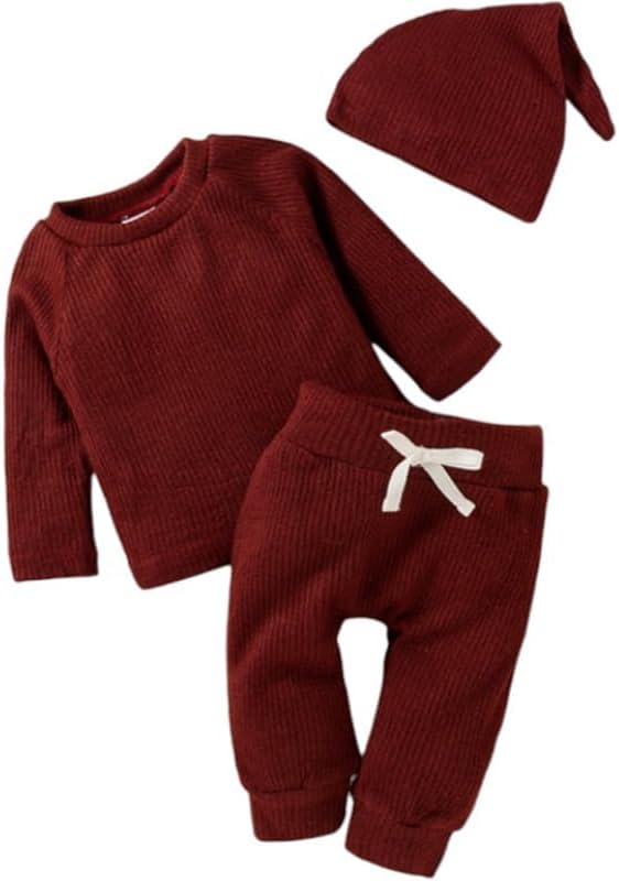 3pcs Newborn Baby Clothes Long Sleeve Ribbed Top Pants and Matching Hat Set Fall Spring Outfit Birthday Gift 0-24 Months