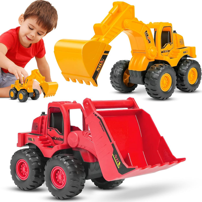BEESTECH Construction Toys, Friction Powered Excavator Toy and Construction Loader Toy, Beach Sand Toys, Construction Truck Vehicles, Sandbox Toys for 3, 4, 5 Years Old Boys Kids Girls (2 Pack)