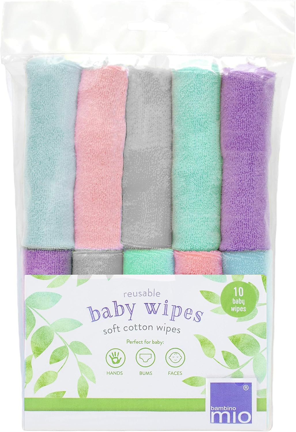 Bambino Mio, Reusable Baby Wipes - Everyday - Eco-Friendly, Chemical-Free, Double-Sided Washable Wipes, Pack of 10, Cloud