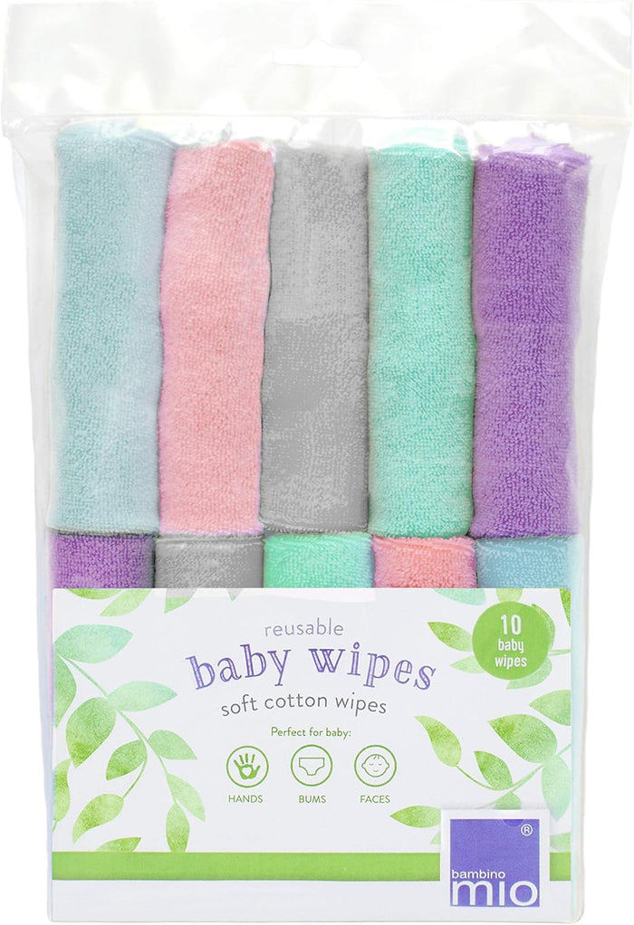 Bambino Mio, Reusable Baby Wipes - Everyday - Eco-Friendly, Chemical-Free, Double-Sided Washable Wipes, Pack of 10, Cloud