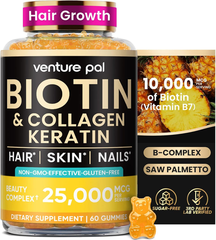 Venture Pal Biotin Gummies with Collagen & Keratin - Hair Growth Support Skin and Nail Strength Vitamins for Women & Men - Biotin 10000mcg | B-Complex | Saw Palmetto - Sugar Free, Non-GMO, 60ct