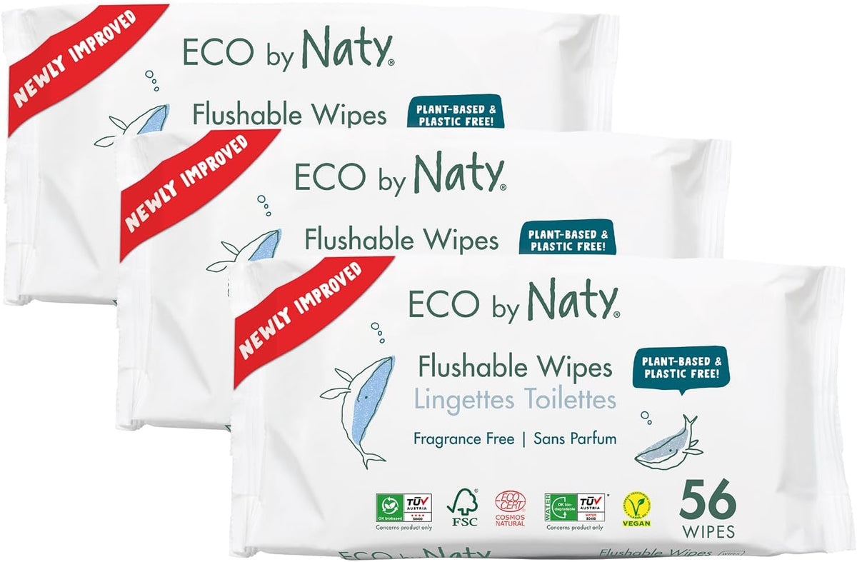 Eco by Naty Flushable Baby Wipes - Compostable and Plant-Based Wipes, Chemical-Free and Hypoallergenic Baby Wipes Safe for Baby Sensitive Skin, 56 Wipes Per Pack (3 Pk)