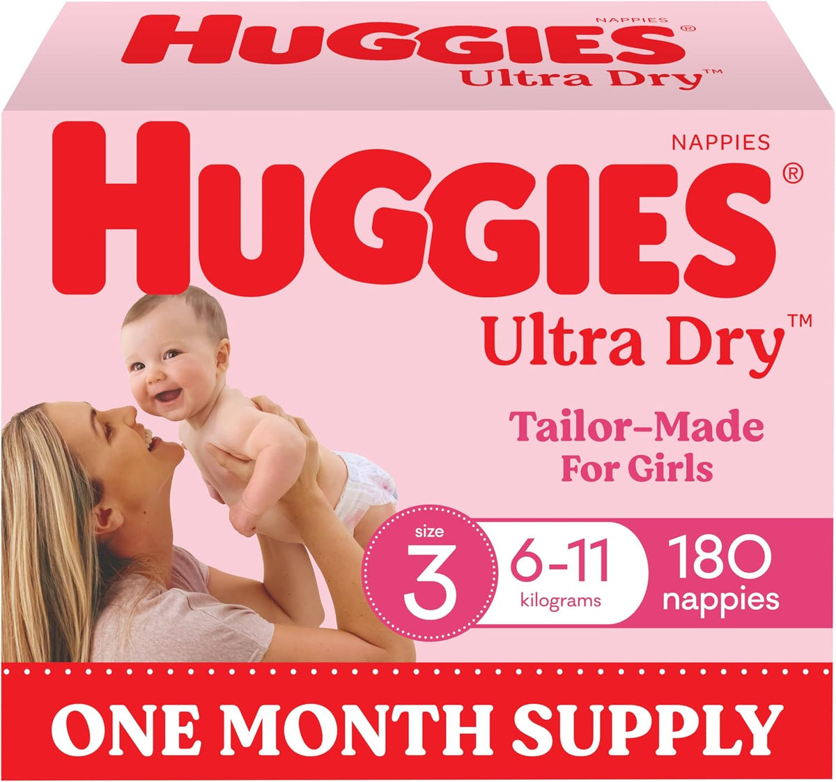 Huggies Ultra Dry Nappies Girls Size 3 (6-11kg) 180 Count - One Month Supply (Packaging May Vary)