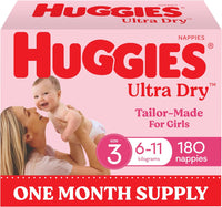 Huggies Ultra Dry Nappies Girls Size 3 (6-11kg) 180 Count - One Month Supply (Packaging May Vary)
