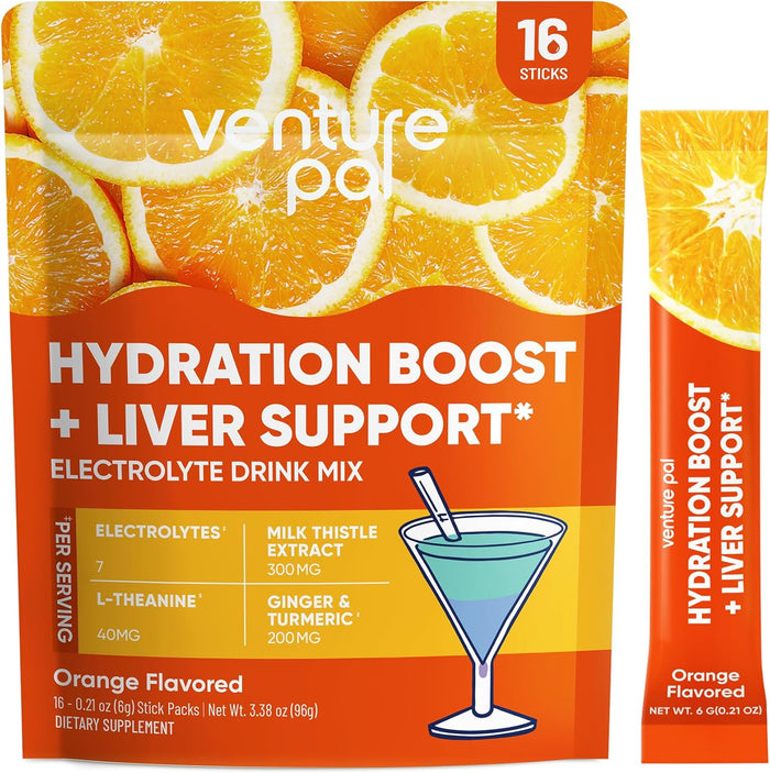 Venture Pal Hydration Packets + Liver Support- Liquid Daily IV Electrolyte Powder Packets with 7 Electrolytes & 5 Vitamins, Milk Thistle + L-Theanine | Sugar-Free | Keto Friendly | Vegan, 16 Sticks