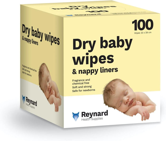Reynard Health Supplies Ultra-Soft Dry Baby Wipes, Chemical & Fragrance Free, White, 33 x 29 cm, 100 Count