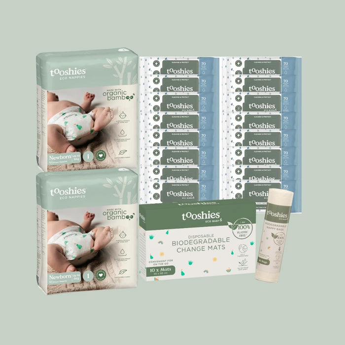 Tooshies Eco Nappies Size 1 Newborn, 104 Count + Biodegradable Nappy Bags 40pk + Water Eco Wipes, Pack of 1120 + Change Mats 10pk