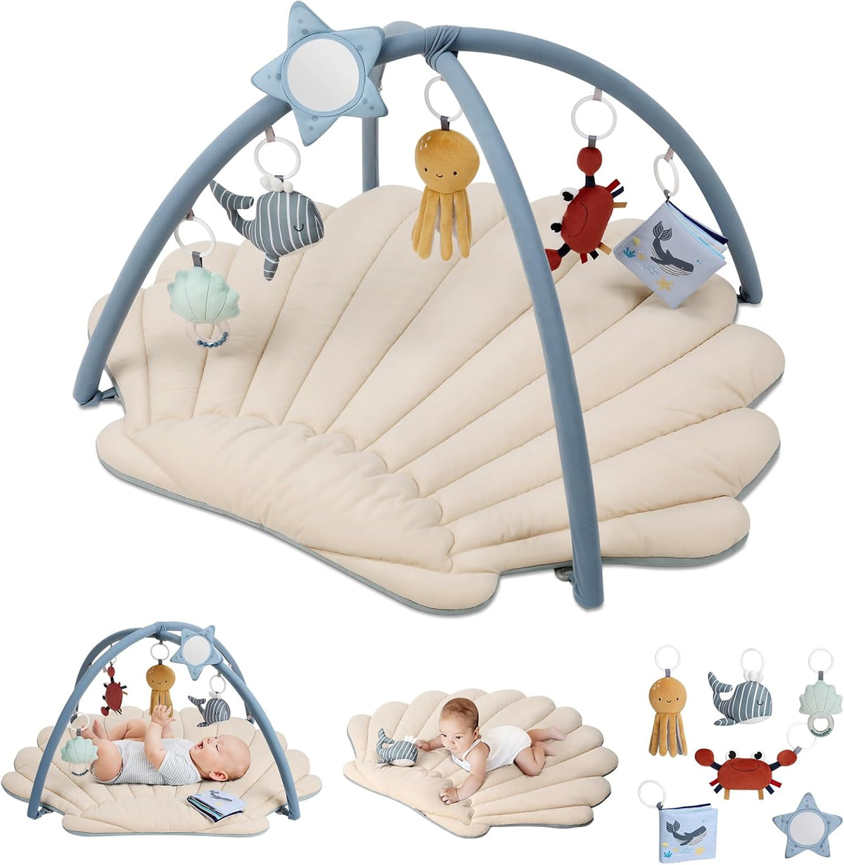 Blissful Diary Shell Baby Play Gym Mat, Softer & Enlarged Tummy Time Mat w 6 Detachable, Boho Ocean Theme