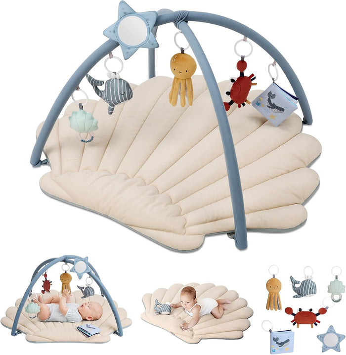 Blissful Diary Shell Baby Play Gym Mat, Softer & Enlarged Tummy Time Mat w 6 Detachable, Boho Ocean Theme