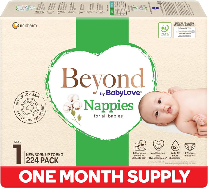 Beyond by BabyLove Nappies Size 1 (Up to 5kg) | 1 Month Supply 224 Pieces (4 x 56 Pack)