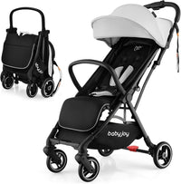 BABY JOY Lightweight Baby Stroller, Compact Travel Stroller for Airplane, Infant Toddler Stroller w/Adjustable Backrest & Canopy, Storage Basket, Self Standing Gravity Fold, Aluminium Frame (Grey)