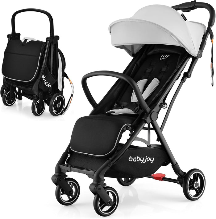 BABY JOY Lightweight Baby Stroller, Compact Travel Stroller for Airplane, Infant Toddler Stroller w/Adjustable Backrest & Canopy, Storage Basket, Self Standing Gravity Fold, Aluminium Frame (Grey)