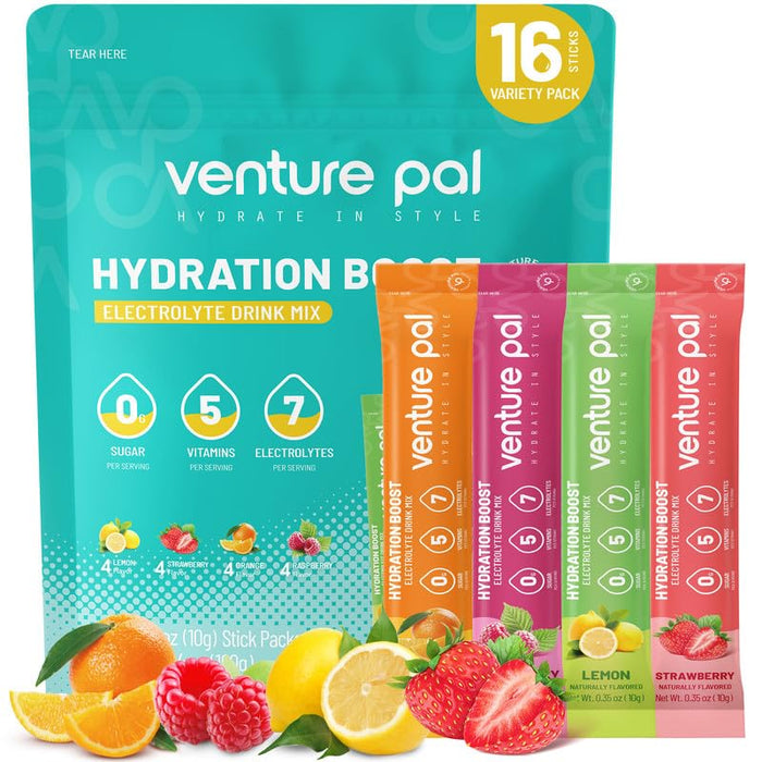 Venture Pal Sugar Free Electrolyte Powder Packets - Liquid Daily IV Drink Mix for Rapid Hydration & Party Recovery  | 16 Sticks