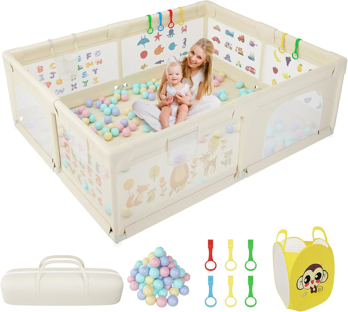 Baby Playpen 200 x 160 cm, Extra-Large Non-Slip Playpens with Patterns, 50 Ocean Balls(Beige)