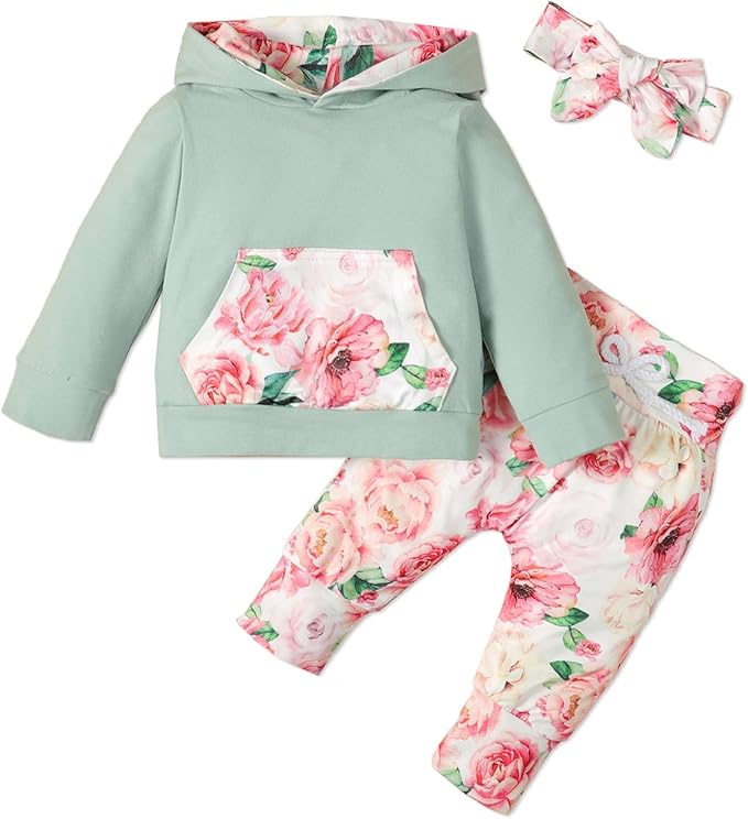 PATPAT Newborn Infant Baby Girl Clothes Hoodie Set with Headband Long Sleeve Sweatshirts Tops Pants Outfits Toddler Clothing Gift 0-24 Months