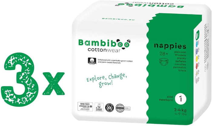Bambiboo COTTONWEAR Baby Nappies Size 1 Newborn (2-4 kg) Baby Disposable Nappies with Organic Cotton and Botanicals with Navel Cut-Out - 3 x 28 (Pack of 84)