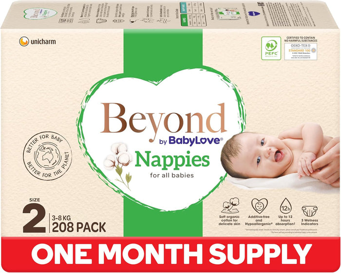 Beyond by BabyLove Nappies Size 2 (3-8kg) | 1 Month Supply 208 Pieces (4 x 52 Pack)