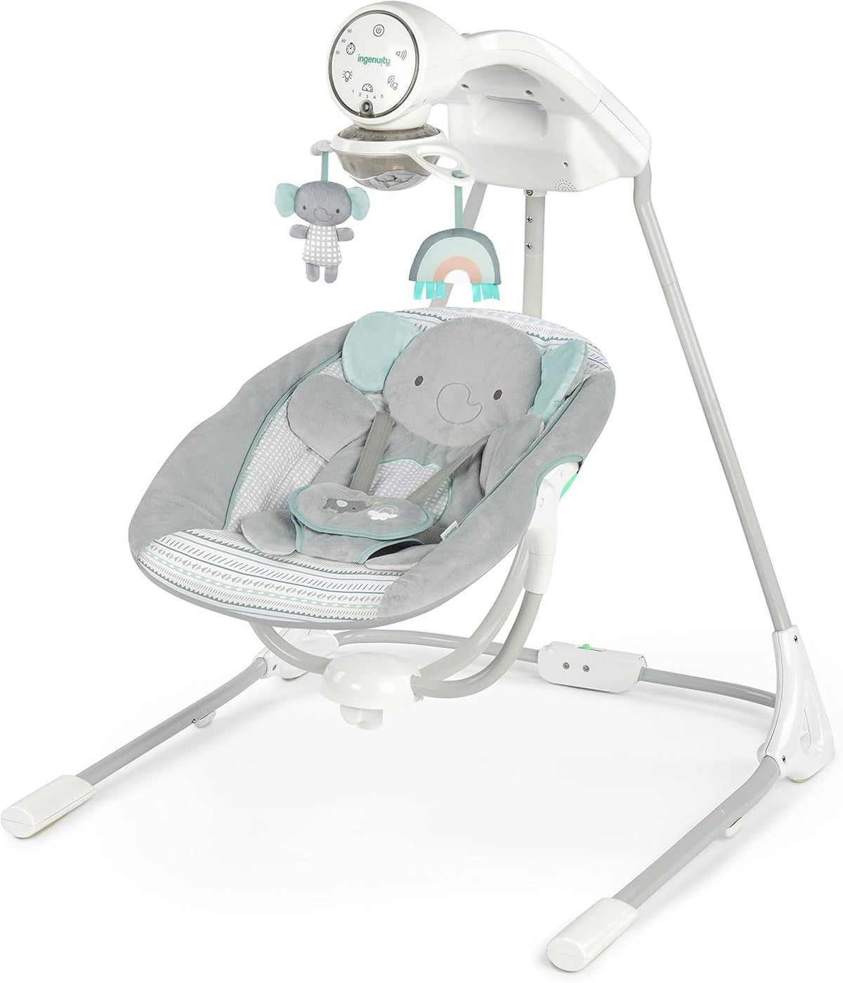 Ingenuity InLighten 5-Speed Baby Swing - Swivel Infant Seat, 5 Point Safety Harness, Nature Sounds, Lights - Van Elephant