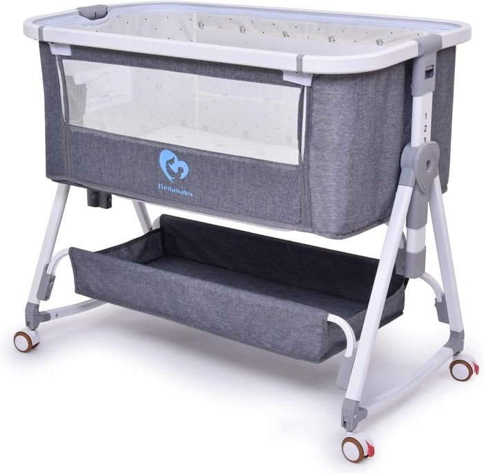 Bassinet Co Sleeper, Bellababy Baby Bedside Sleeper, Bedside Bassinet for Safe Co-Sleeping, Storge Bag, Universal Wheel with Brake, Easy to Assemble, Grey