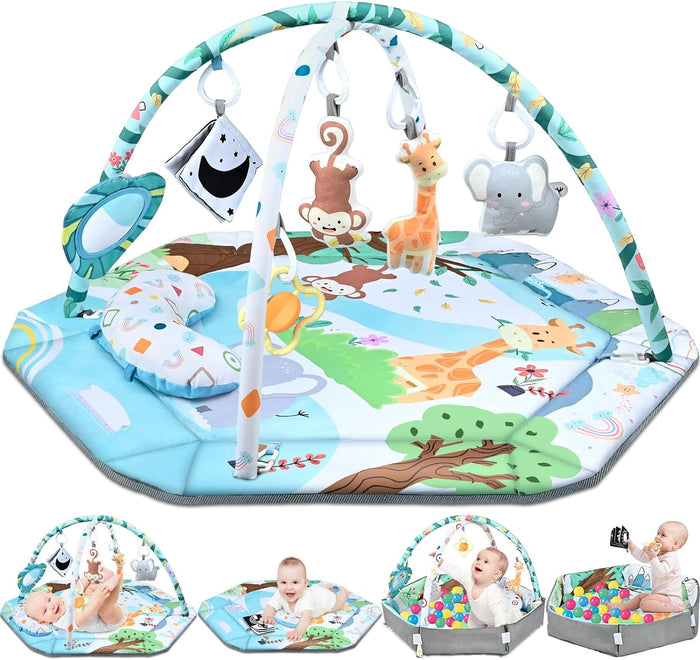Baby Gym Play Mat, 8-in-1 Tummy Time Mat & Ball Pit with 6 Toys