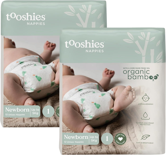 Tooshies Nappies Size 1 Newborn 3-5kg Made with Organic Bamboo 12 hrs leak free Unisex Pear Print 2 pack of 52