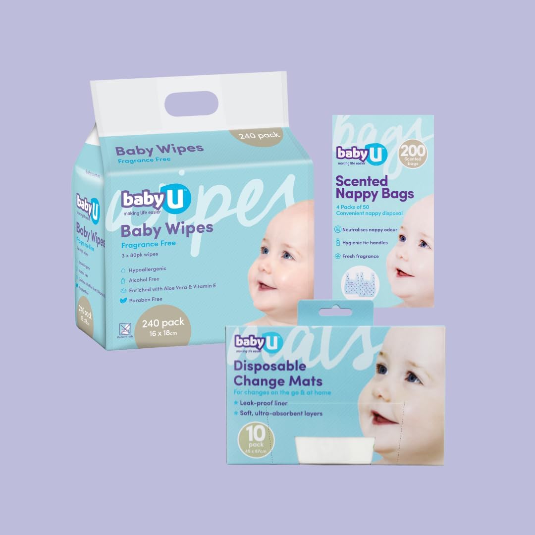 BabyU Nappy Change Essentials Bundle 2 - Fragrance Free Wipes, Scented Nappy Bags & Dispoable Change Mats