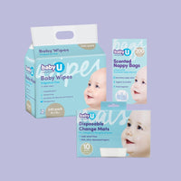 BabyU Nappy Change Essentials Bundle 2 - Fragrance Free Wipes, Scented Nappy Bags & Dispoable Change Mats