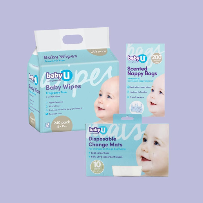 BabyU Nappy Change Essentials Bundle 2 - Fragrance Free Wipes, Scented Nappy Bags & Dispoable Change Mats