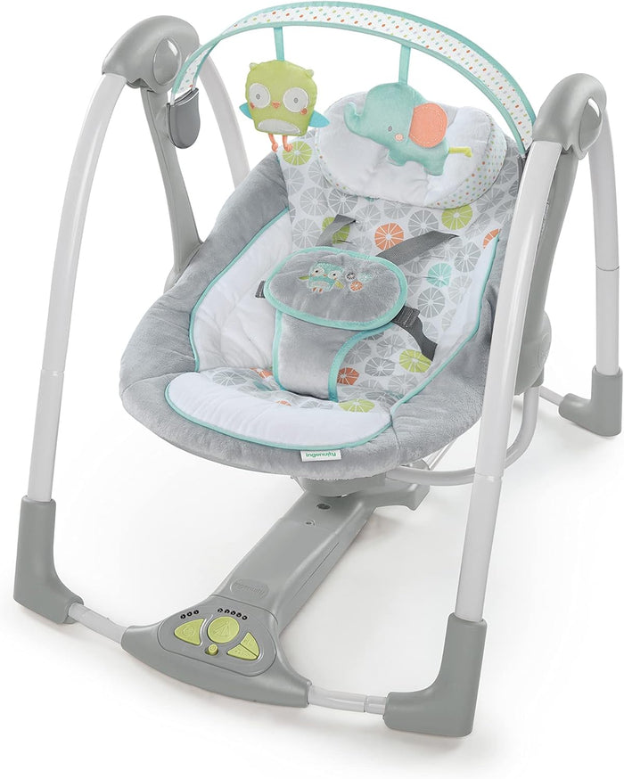 Ingenuity Swing 'n Go 5-Speed Baby Swing - Foldable, Portable, 2 Plush Toys & Sounds, 0-9 Months 6-20 lbs (Hugs & Hoots)
