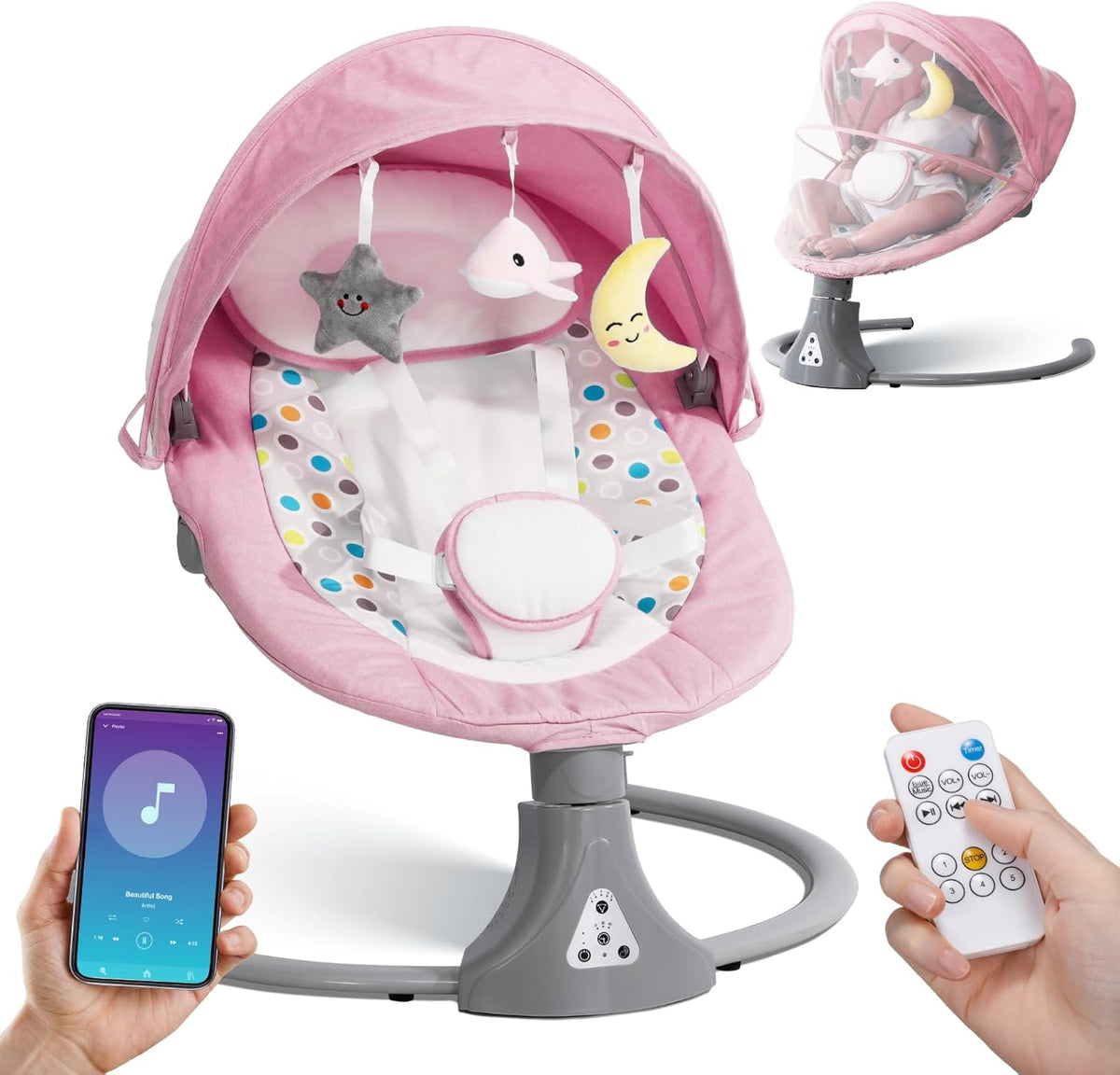 Electric Baby Swing Chair: Baby Rocker with Bluetooth Remote Control - Baby Bouncer Chair 5 Speeds & 12 Preset Lullabies Toddler Swing with 3 Timers for Newborn Boys & Girls (Pink)