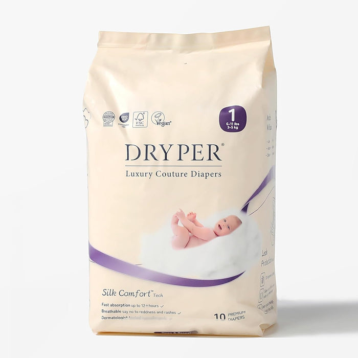 DRYPER Baby Nappies - Size 1 (3-5kg / 6-11lbs), 1 Pack (10 Nappies), Pure Natural Cotton