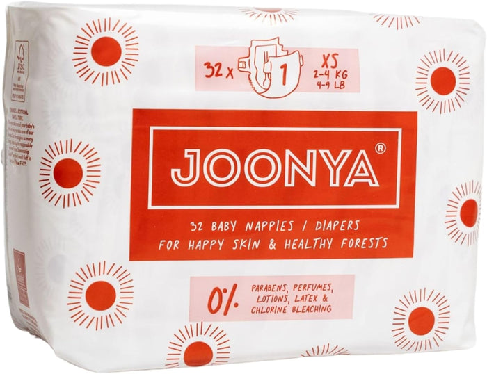 Joonya Baby Nappies, Size 1 XS (2-4 kg) - 1 Bag of 32 -NonToxic, Eco-Friendly, Overnight Use - Made in Denmark