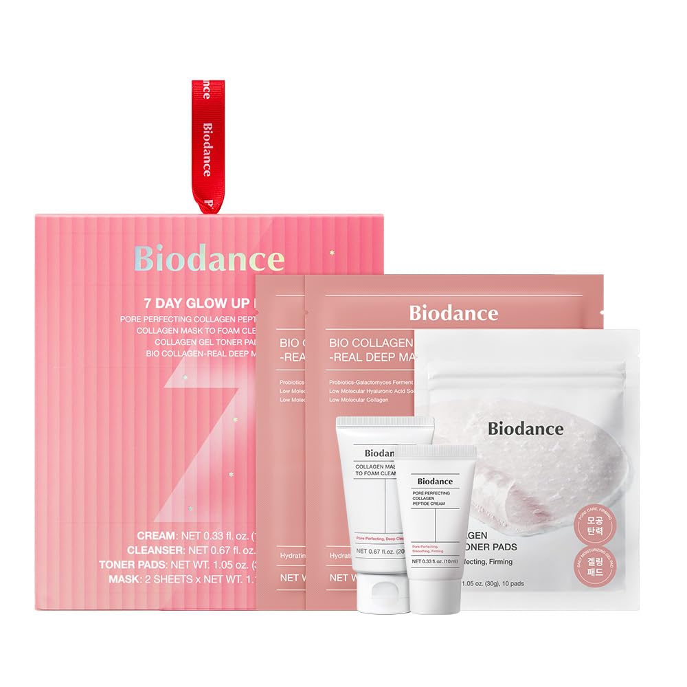 BIODANCE 7 Day Glow Up Kit: K-Beauty Collagen Travel Set with Mask to Foam Cleanser 20ml, Collagen Toner Pads 10ct, Collagen Cream 10ml, 2 Collagen Masks, Glass-Skin Korean Skincare, Pluming Routine