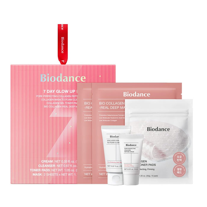 BIODANCE 7 Day Glow Up Kit: K-Beauty Collagen Travel Set with Mask to Foam Cleanser 20ml, Collagen Toner Pads 10ct, Collagen Cream 10ml, 2 Collagen Masks, Glass-Skin Korean Skincare, Pluming Routine