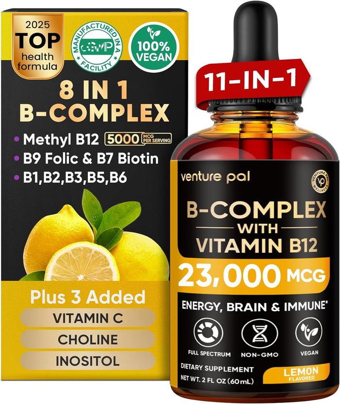 Venture Pal 11-in-1 Vitamin B Complex Liquid Drops, B12 Methylcobalamin | B9 Folic | B1,B2,B3,B5,B6,B7 - Vitamin C, Choline, Inositol, Immune & Energy Metabolism, Brain & Heart Support