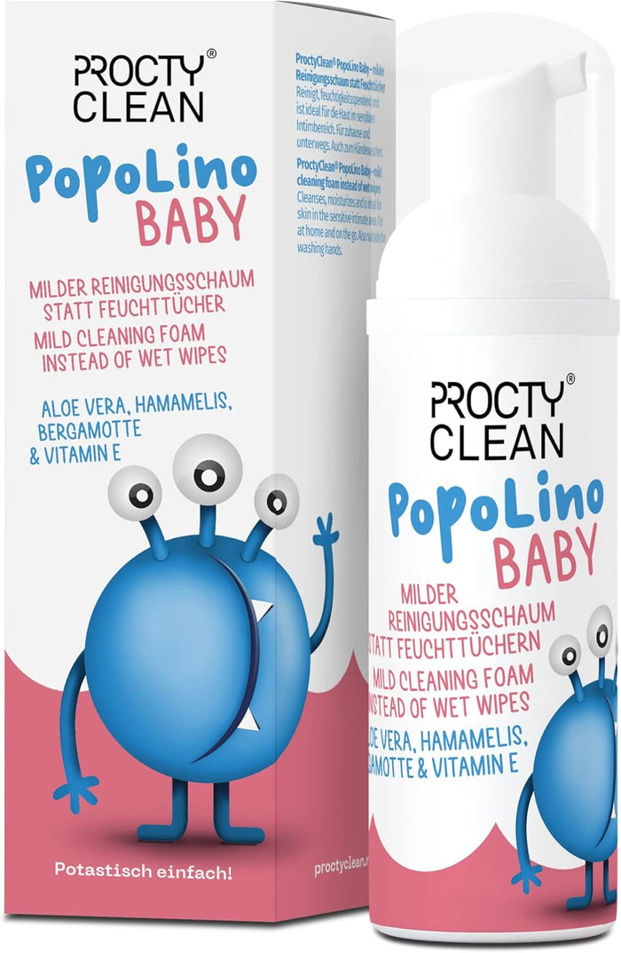 ProctyClean PopoLino Baby Mild Popo Foam Instead of Baby Wipes Cleaning Foam Vegan and Natural Cosmetics Popo Foam with Aloe Vera, Hamamelis, Bergamot and Vitamin E. Makes Bottom and Environment Happy