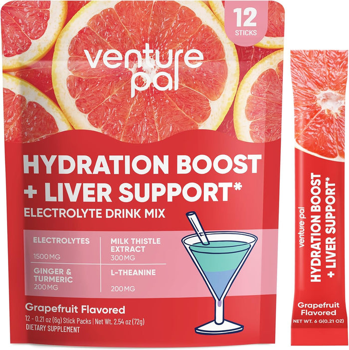 Venture Pal Hydration Packets + Liver Support- Liquid Daily IV Electrolyte Powder Packets with 7 Electrolytes & 5 Vitamins, Milk Thistle + L-Theanine | Sugar-Free | Keto Friendly | Vegan, 12 Sticks