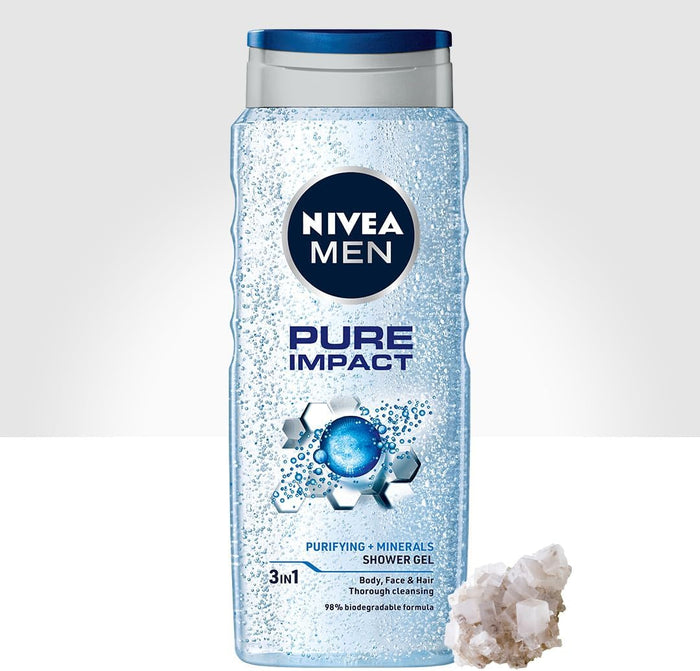 NIVEA MEN Pure Impact Shower Gel 500ml | Men's Refreshing Body Wash | With Purifying Scrub Particles | For Body, Face & Hair | Gentle Formula | Long-Lasting Clean Feeling