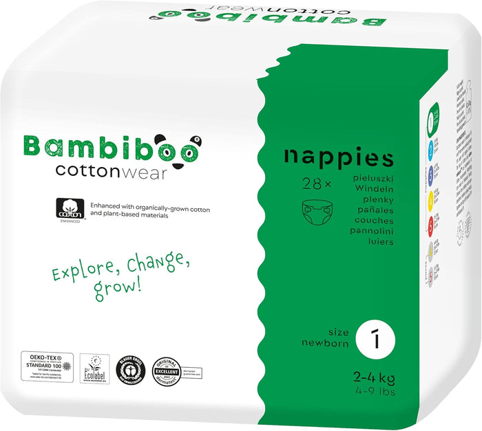 Bambiboo Baby Nappies 1 Newborn (2-4 kg) COTTONWEAR - Newborn Baby Disposable Nappies with Organic Cotton and Botanicals with Navel Cut-Out - Premature Baby Nappies Pack of 28