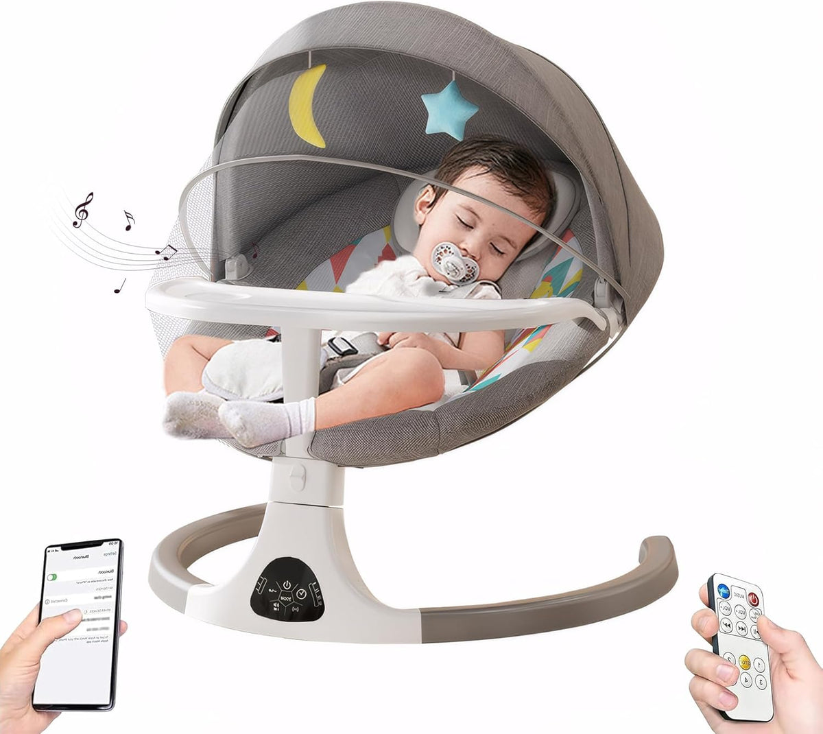 OKUYOSHI Baby Swing with Dinner Tray, New Born Baby Rocker Chair with 3 Timing, 5 Sway Angles (Grey)